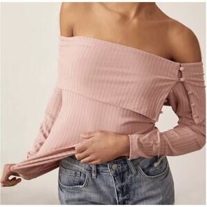 Anthropologie Button down Ribbed foldover off-shoulder top in mauve size small